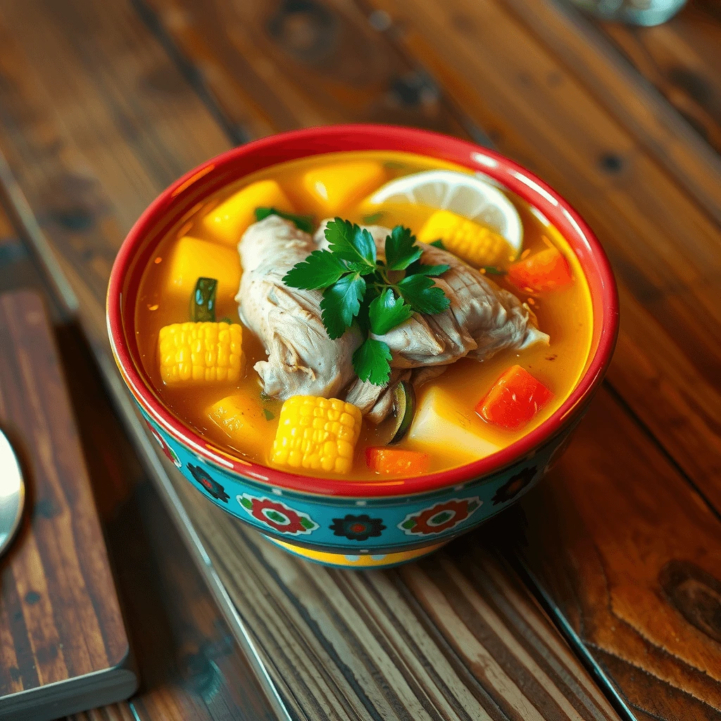 A vibrant bowl of Mexican caldo de pollo with chicken, corn, zucchini, potatoes, and carrots in a golden broth.