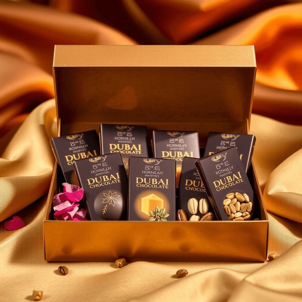 An open box of Dubai chocolate bars featuring various flavors and ingredients like rose petals, honeycomb, and pistachios. The box is set against a luxurious backdrop with warm lighting.