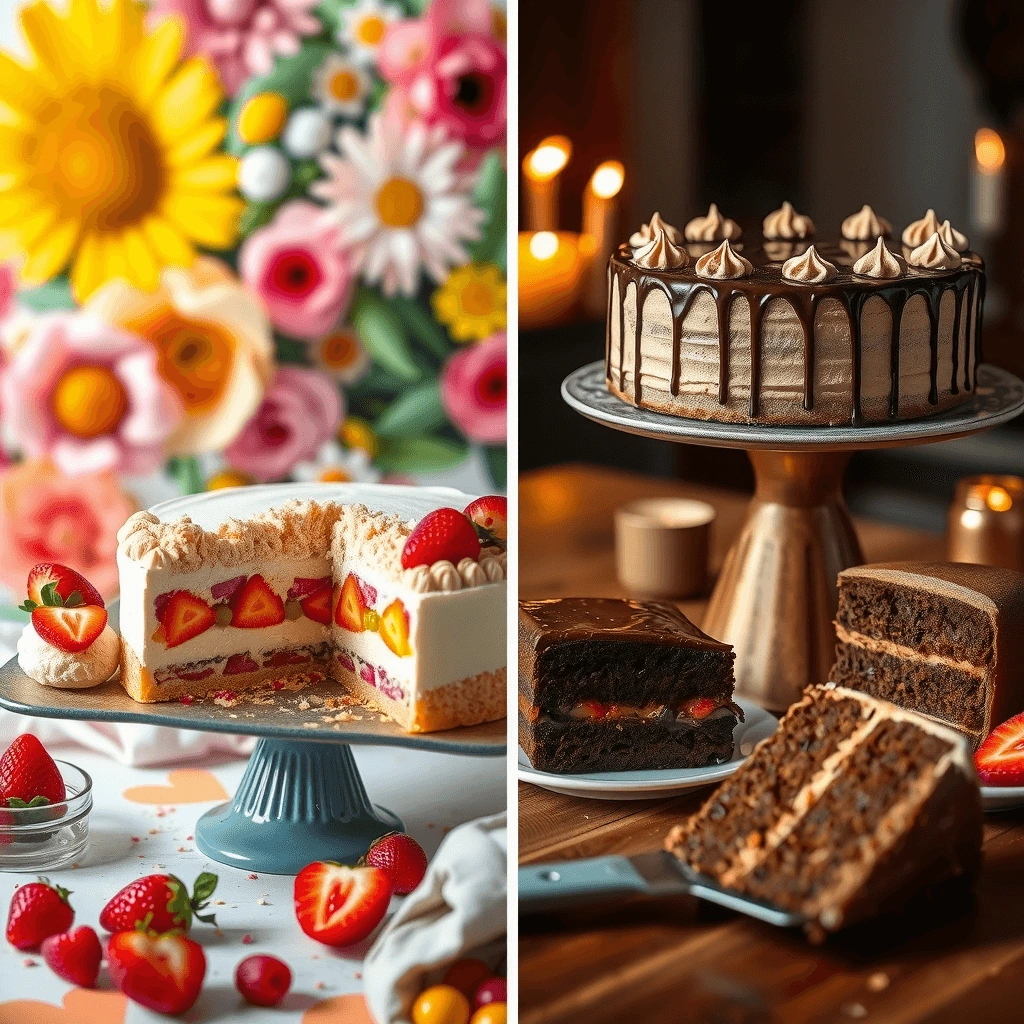 A side-by-side comparison of summer and winter cakes, featuring a fresh strawberry shortcake with floral decor and a rich chocolate cake with caramel drizzle.