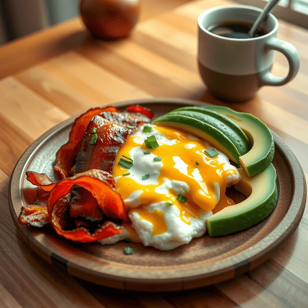 A low-carb high-protein breakfast plate with scrambled eggs, turkey bacon, and avocado slices on a wooden table.