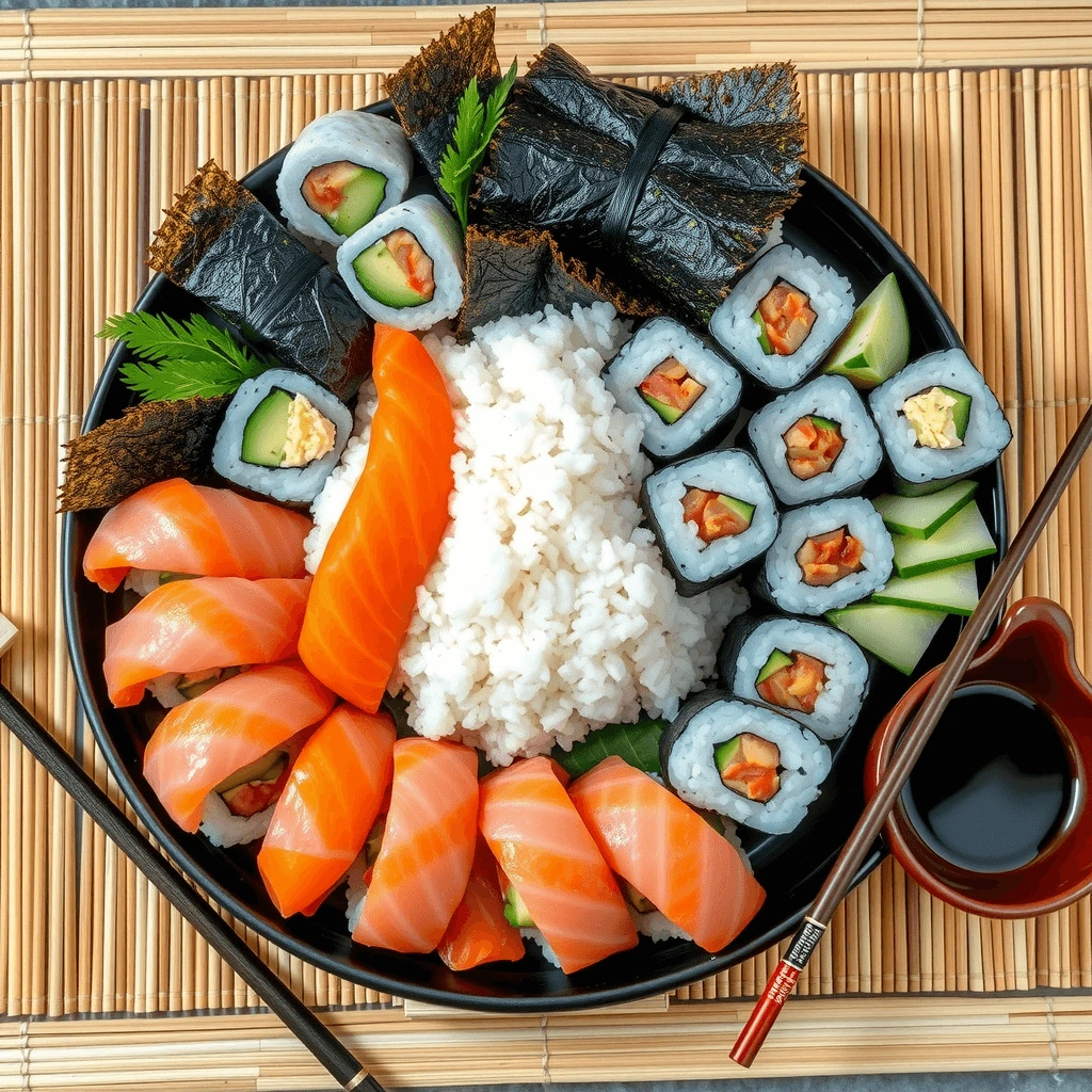 A sushi platter with seaweed snacks, fresh ingredients like avocado and salmon, and a bamboo sushi mat.