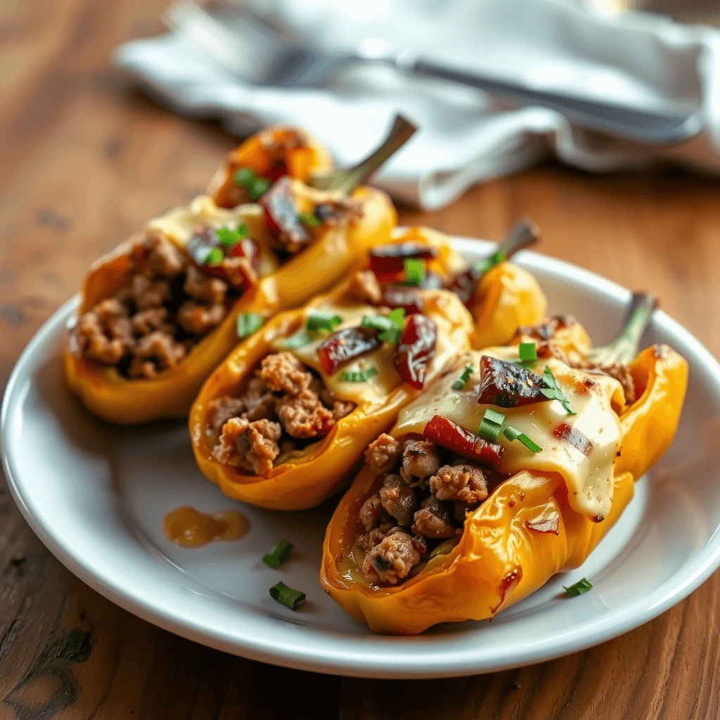 A plate of stuffed banana peppers filled with melted cheese and seasoned meat, garnished with fresh herbs.