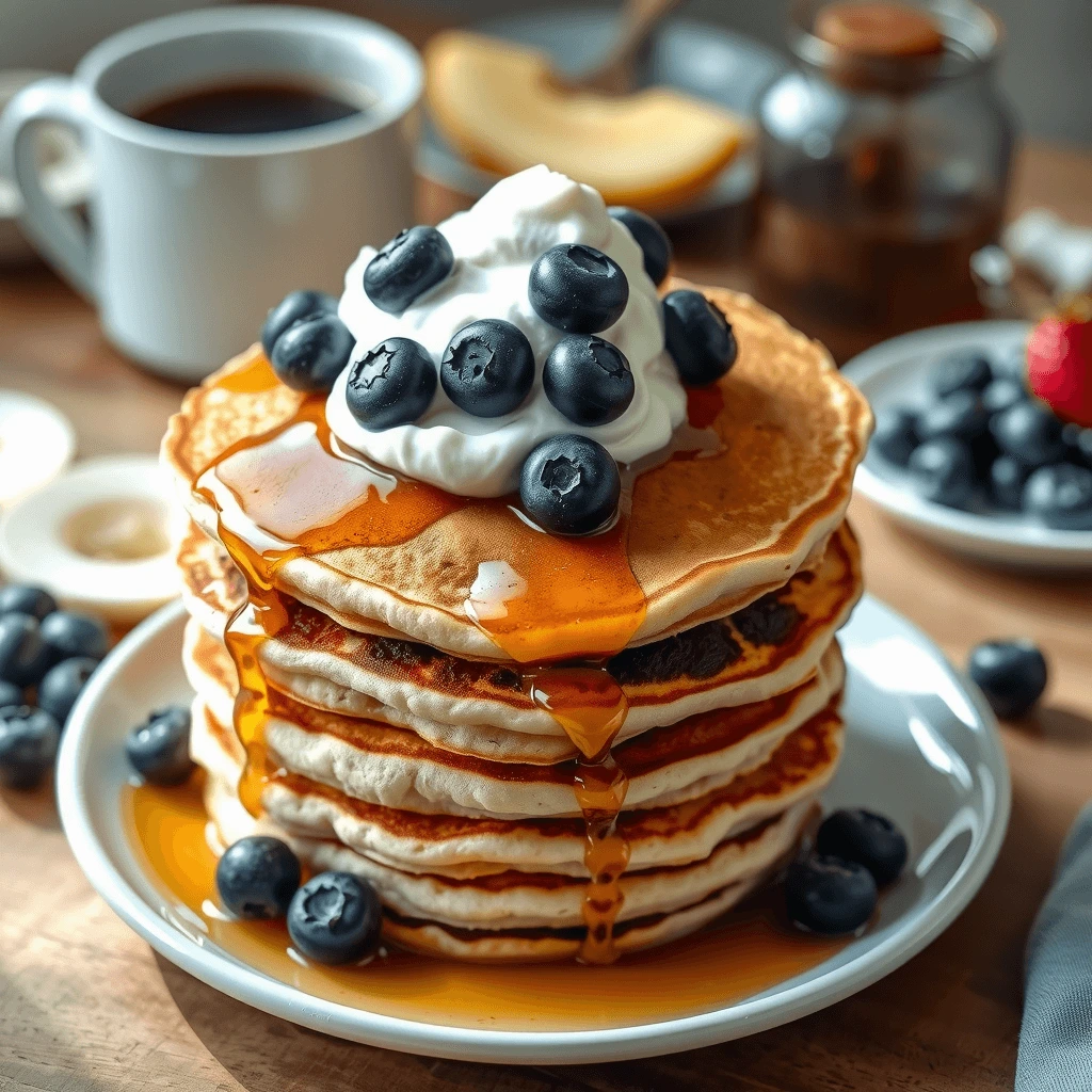 A stack of fluffy blueberry pancakes made with Greek yogurt and oat flour, topped with honey and fresh blueberries.