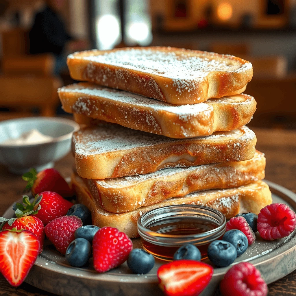 Golden-brown French toast sticks dusted with powdered sugar and served with maple syrup.