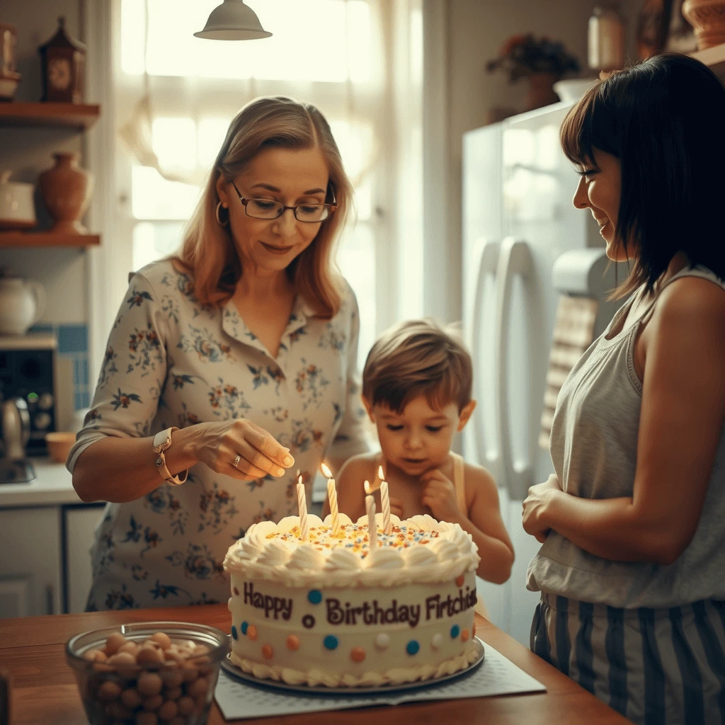 A grandmother, mother, and child baking a birthday cake together, passing down family traditions with love.