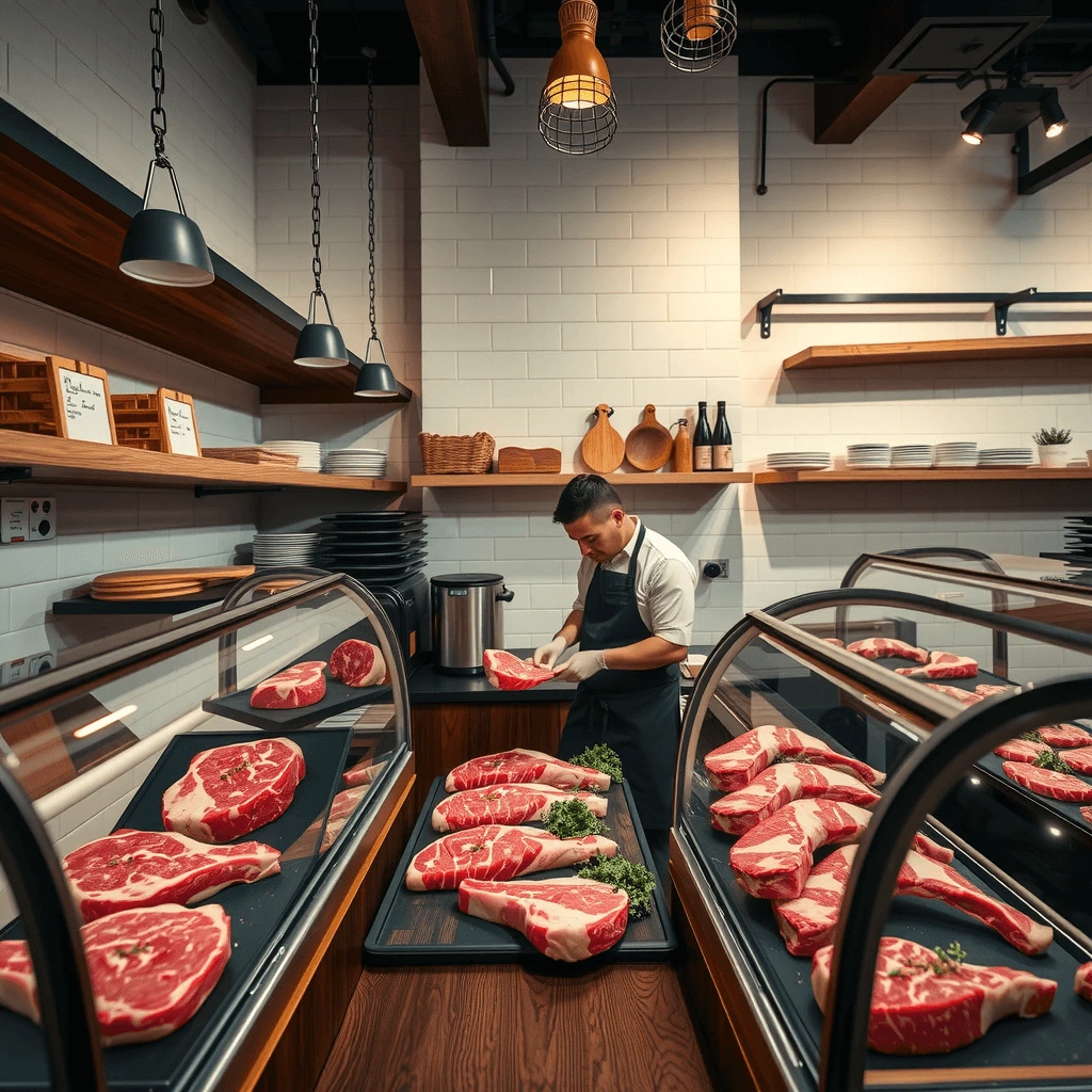 Butcher preparing grass-fed beef cuts in a modern butcher shop with display cases filled with fresh meat.