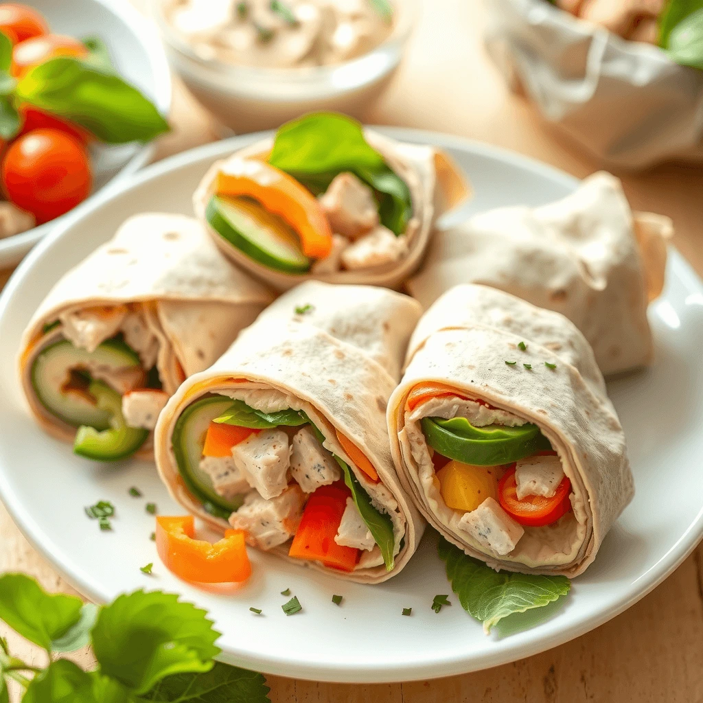 Mini veggie wraps with whole-wheat tortillas, hummus, cucumbers, bell peppers, carrots, and spinach, sliced into bite-sized pieces and served on a white plate. A Chuck E. Cheese-inspired twist with healthy ingredients for kids.