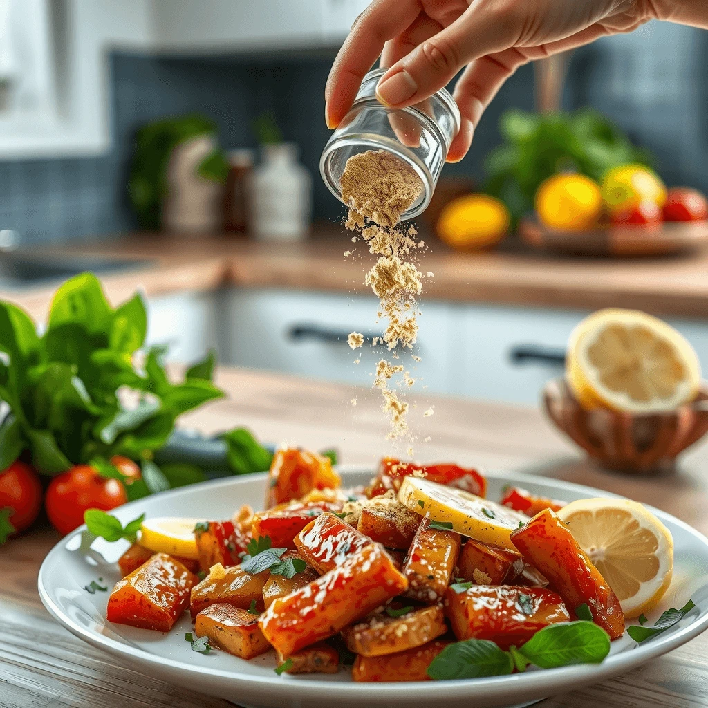 A hand sprinkling True Lemon powder over a fresh plate of roasted vegetables, with lemon slices and herbs, creating a vibrant and flavorful dish.