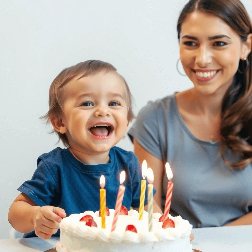 A joyful toddler laughing with excitement in front of a birthday cake with lit candles, as a smiling single mother looks on with love.