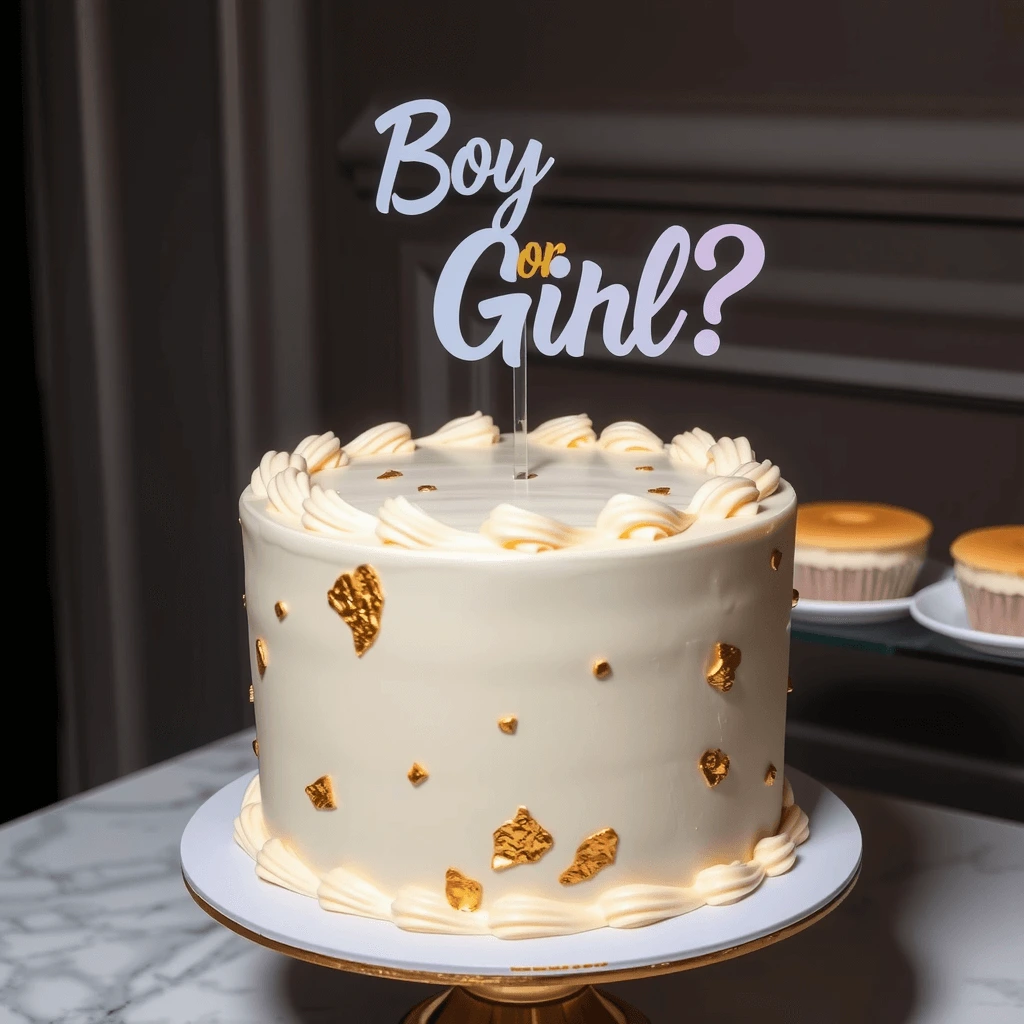 A luxurious gender-neutral gender reveal cake with a white and gold color scheme, topped with a stylish "Boy or Girl?" topper, perfect for a baby reveal celebration.