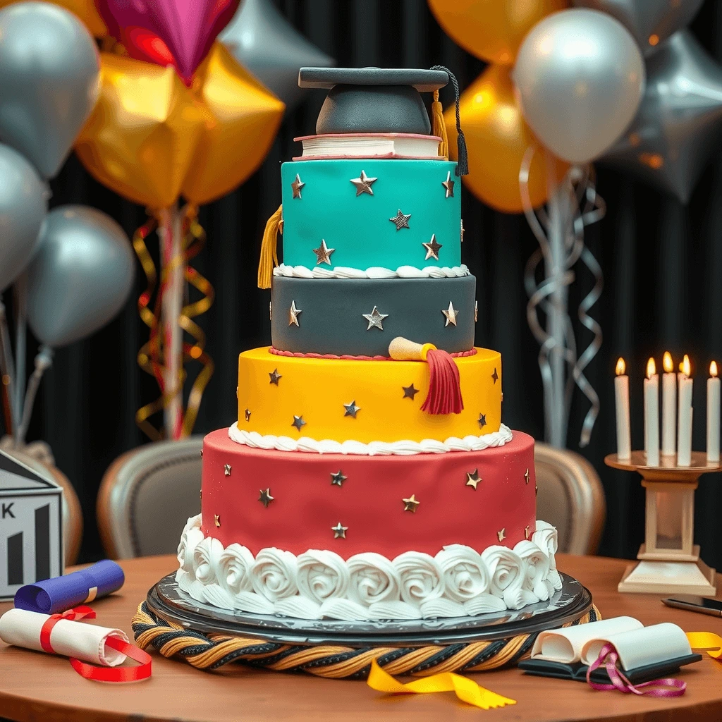 A beautifully decorated multi-tiered cake with a fondant graduation cap, tassels, and star accents, surrounded by festive balloons and candles.