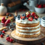 Delicate layered dessert with smooth frosting and vibrant fruit on a rustic wooden table.