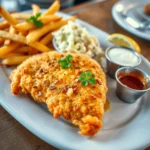 Hip Hop Fish and Chicken-style crispy golden-brown fried catfish fillet served with seasoned fries, coleslaw, and tartar sauce, garnished with parsley and lemon.