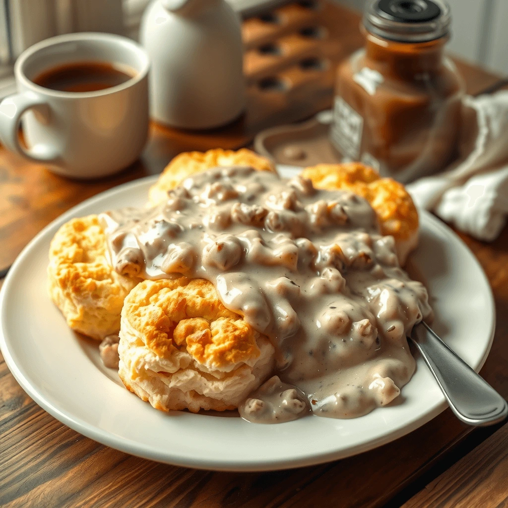 Southern biscuit and gravy recipe – freshly baked buttermilk biscuits topped with creamy sausage gravy on a rustic breakfast table.