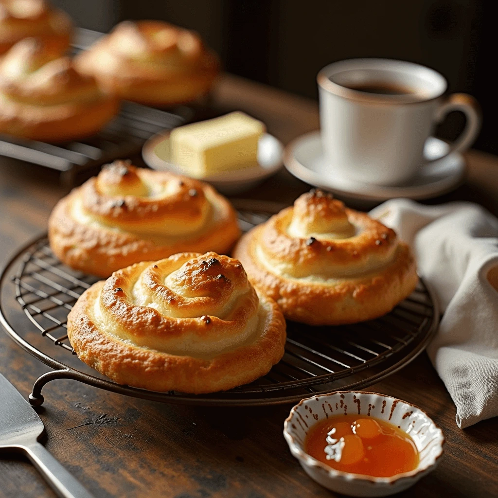 Freshly baked buttery pastries with golden, flaky layers resting on a cooling rack.