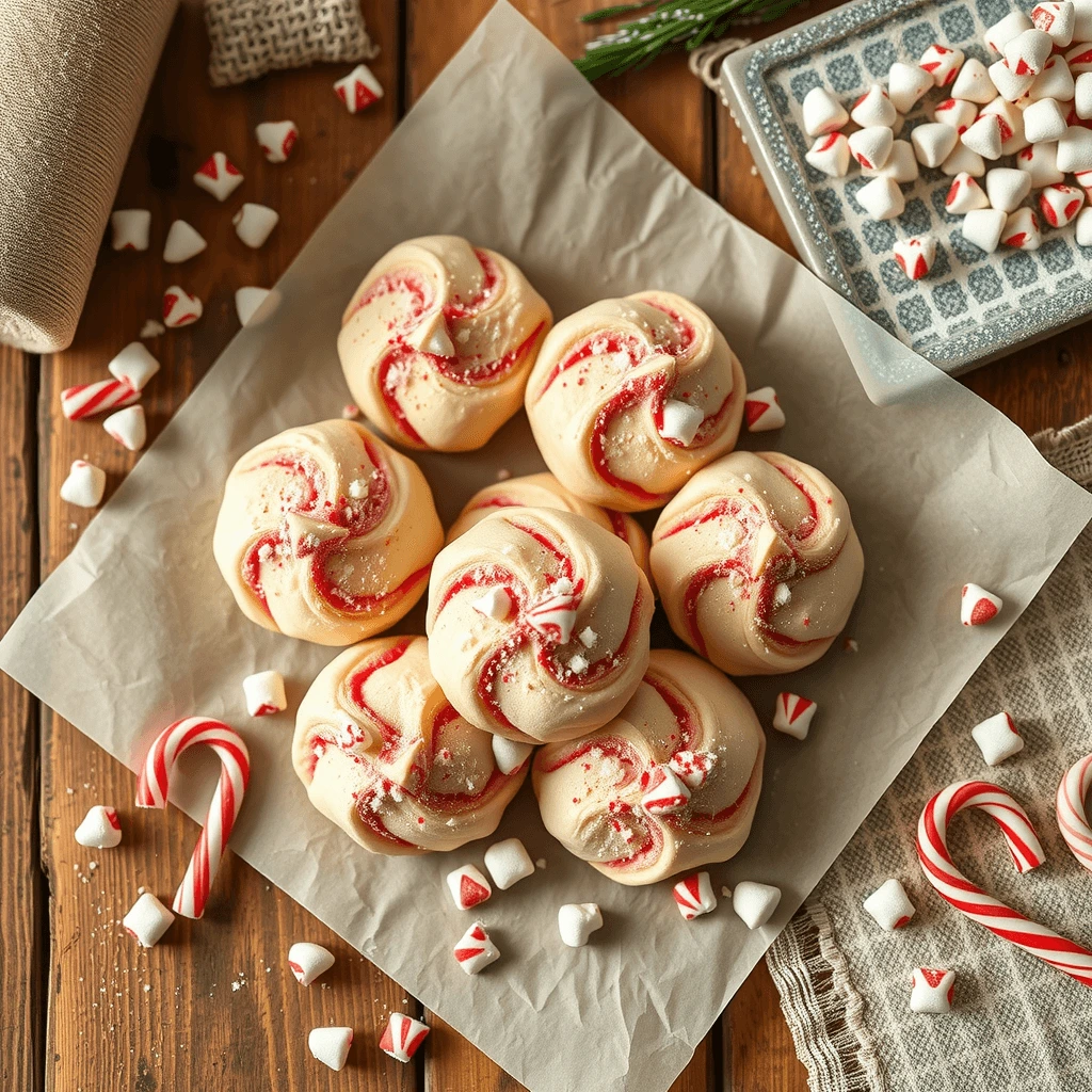 A cozy holiday flatlay with peppermint treats, crushed candy canes, and a dusting of powdered sugar on parchment paper.