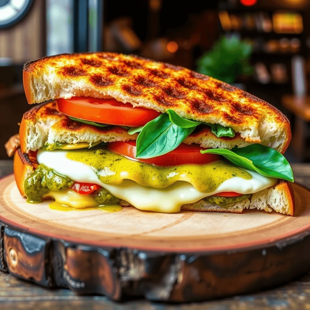 A toasted Caprese panini made with Hero Bread™, mozzarella, tomatoes, basil, and pesto, served on a wooden board.