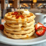 A plate of golden-brown waffles topped with maple butter and syrup, served with fresh strawberries and coffee.