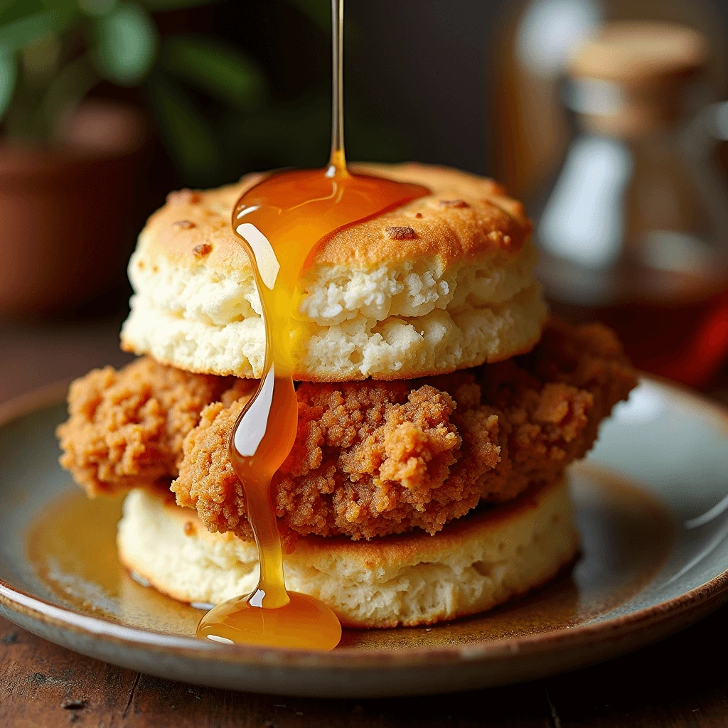Crispy chicken biscuit sandwich – golden, flaky biscuit with a crunchy fried chicken fillet drizzled with honey for a perfect breakfast bite.