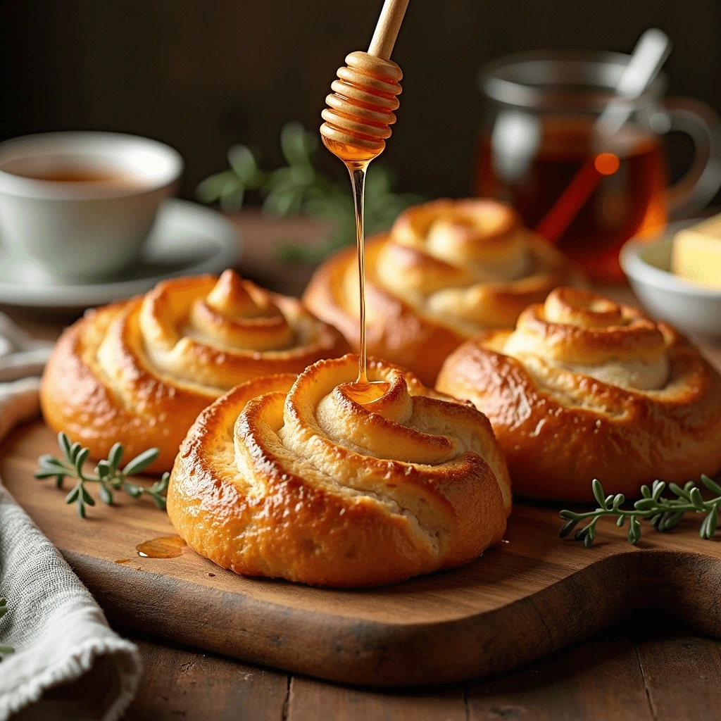 Whole wheat Gipfeli drizzled with honey glaze, placed on a wooden cutting board.