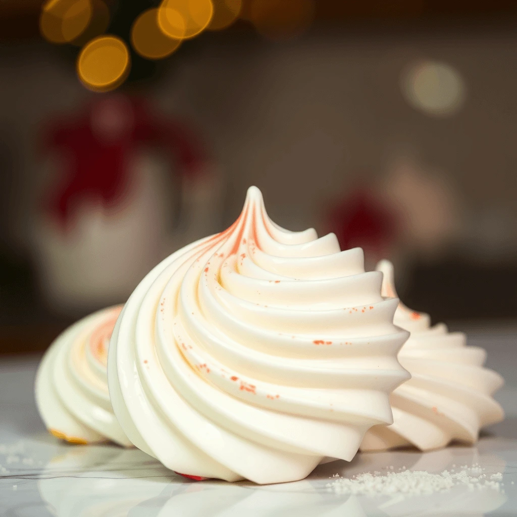 Close-up of beautifully swirled meringue cookies with soft red hues and a blurred holiday backdrop.
