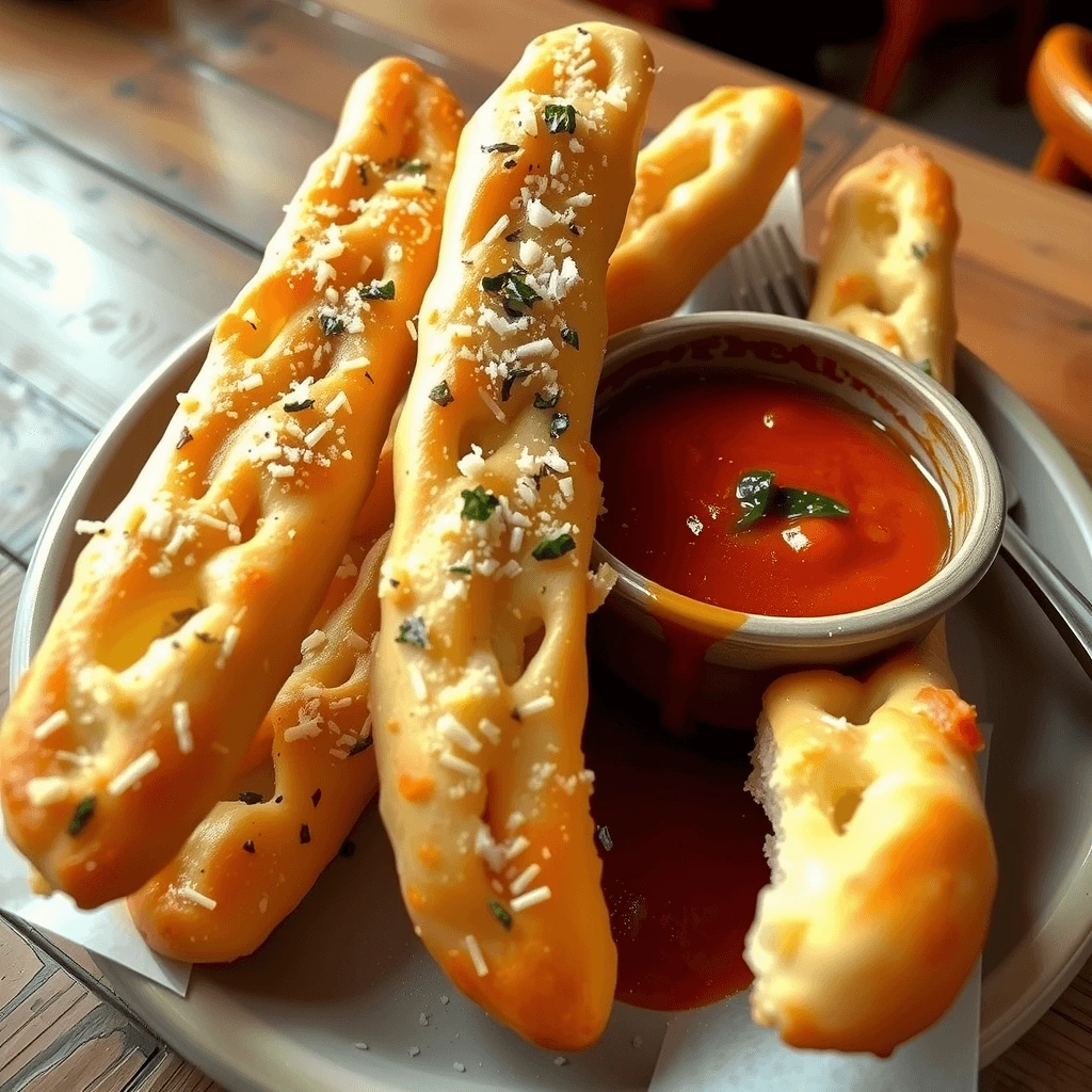 Cheesy garlic breadsticks served with a side of house-made marinara sauce