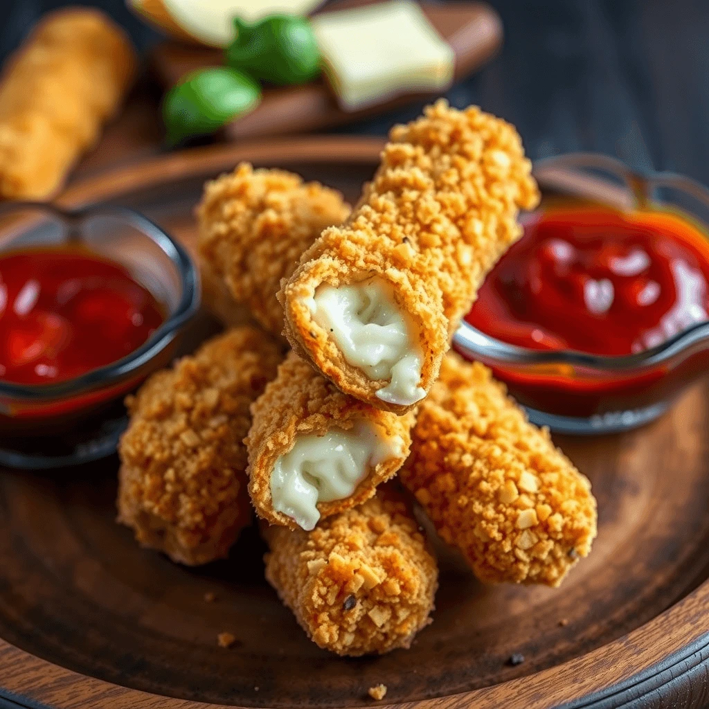 Crispy, golden-brown mozzarella sticks made with a low-carb bread crumb coating, served with marinara sauce.