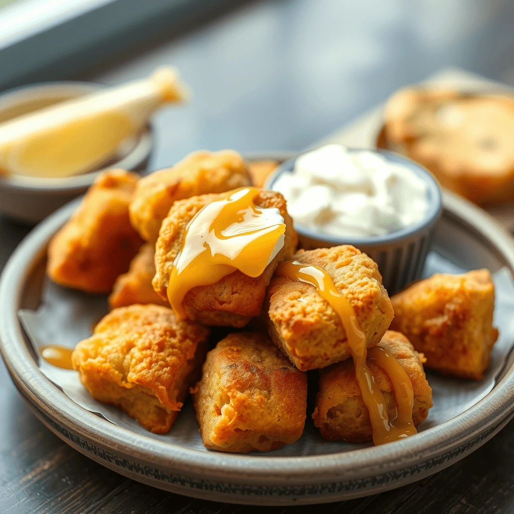 Golden-brown hush puppies drizzled with spicy honey butter, served on a rustic plate with a creamy dipping sauce.
