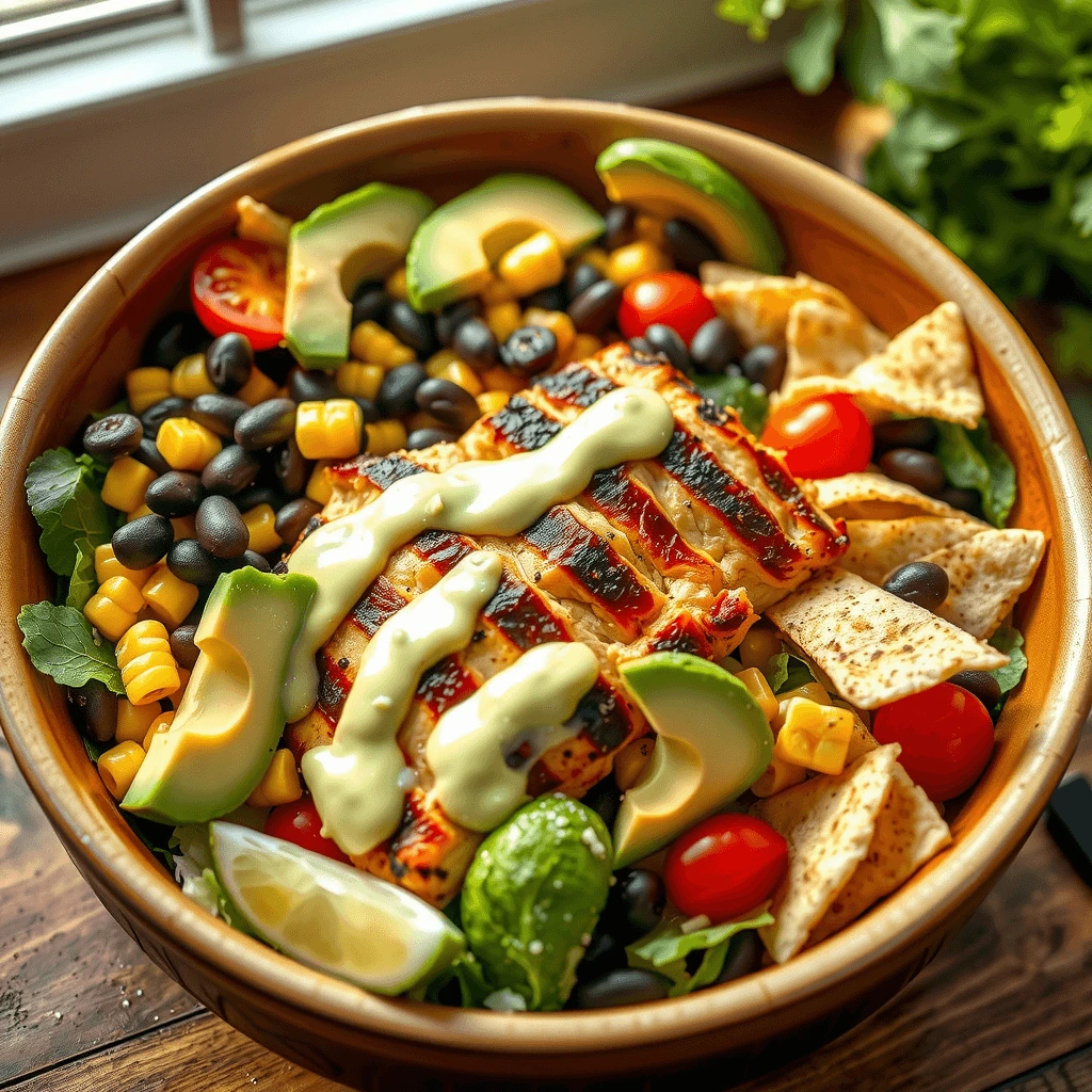 A colorful Southwest chicken salad with grilled chicken, black beans, corn, cherry tomatoes, and avocado slices, drizzled with creamy avocado dressing.