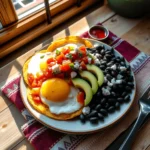 A vibrant plate of huevos rancheros with black beans, avocado slices, and fresh salsa, served at Valley of the Gods Bed and Breakfast with warm morning sunlight streaming through the window.