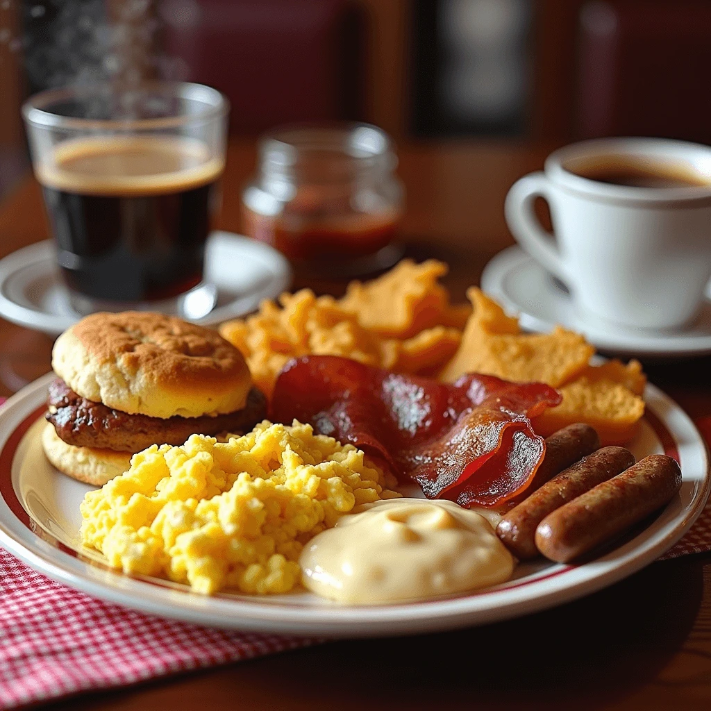 A full Southern breakfast platter with scrambled eggs, bacon, sausage, biscuits, grits, and hash browns served on a classic diner plate.