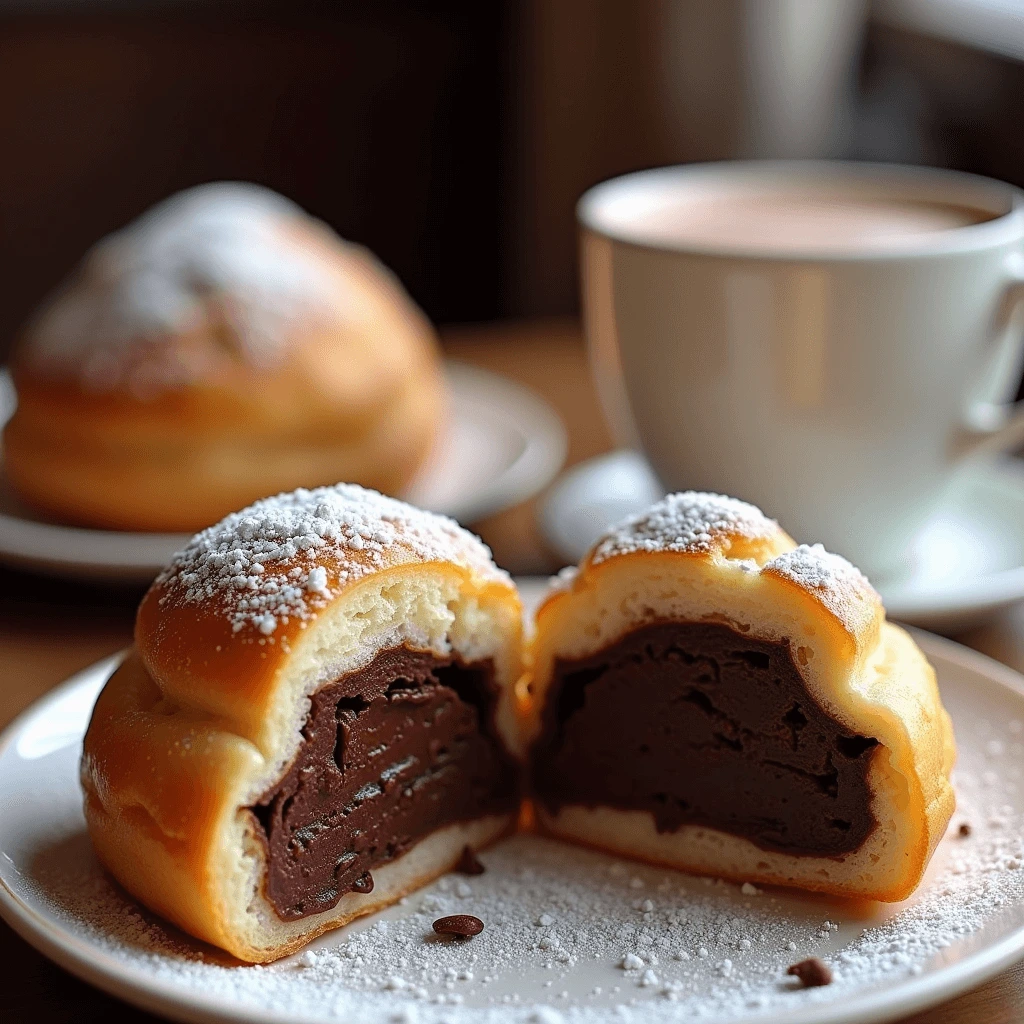 Chocolate-filled Gipfeli torn open to reveal a rich, melted dark chocolate center.