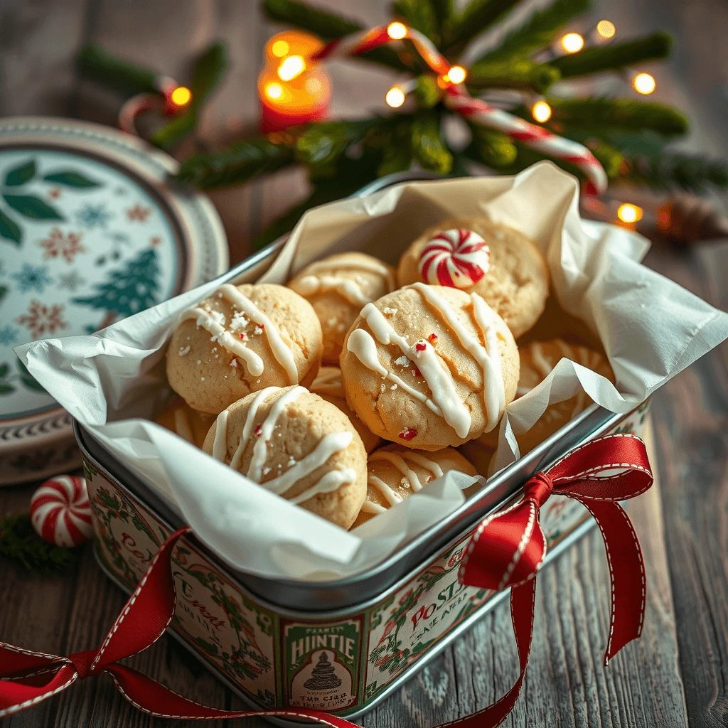 Holiday tin filled with delicate meringue cookies wrapped in parchment and tied with festive ribbon.