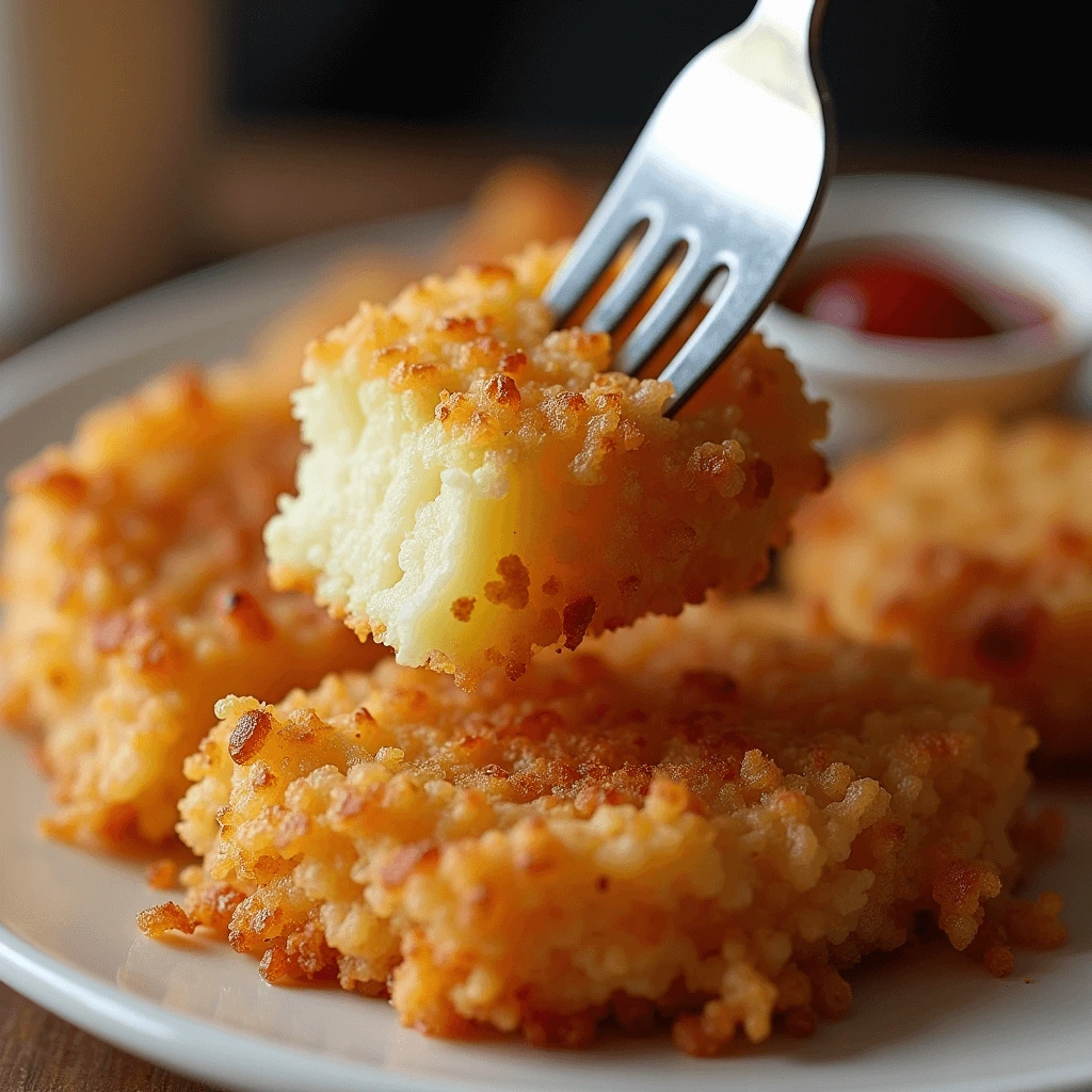 Crispy homemade hash browns with a golden-brown crust, served on a plate with a side of ketchup for dipping.