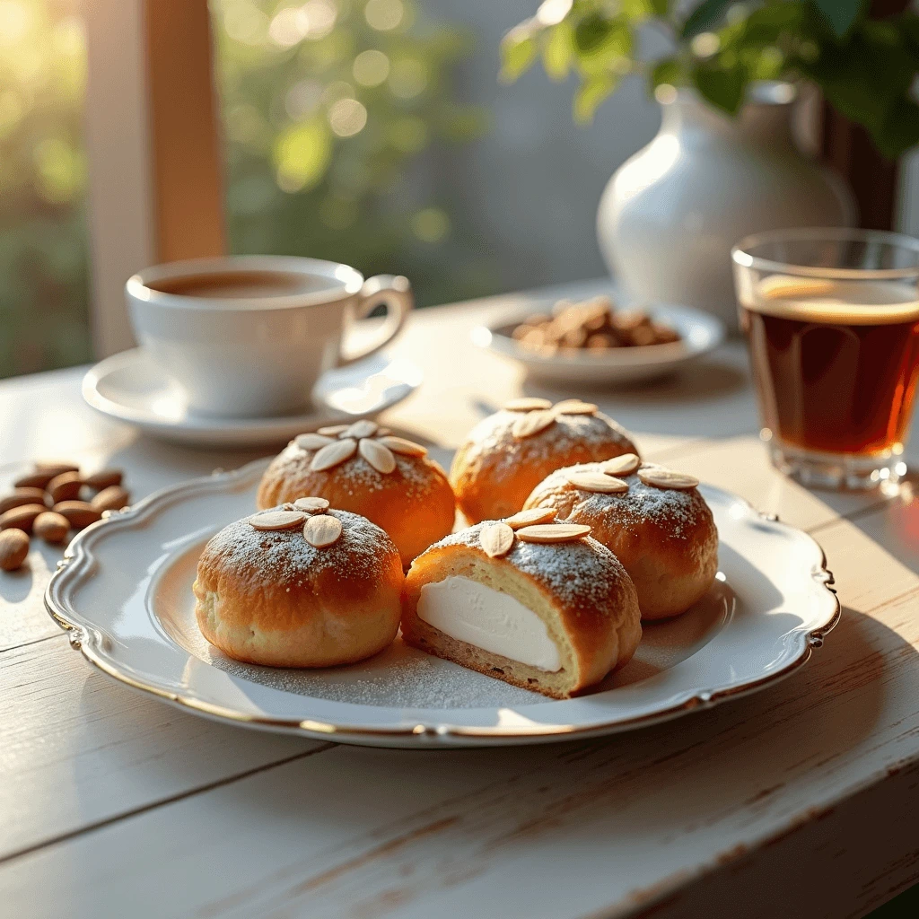 Buttery pastry filled with almond cream, topped with slivered almonds and a light dusting of powdered sugar.
