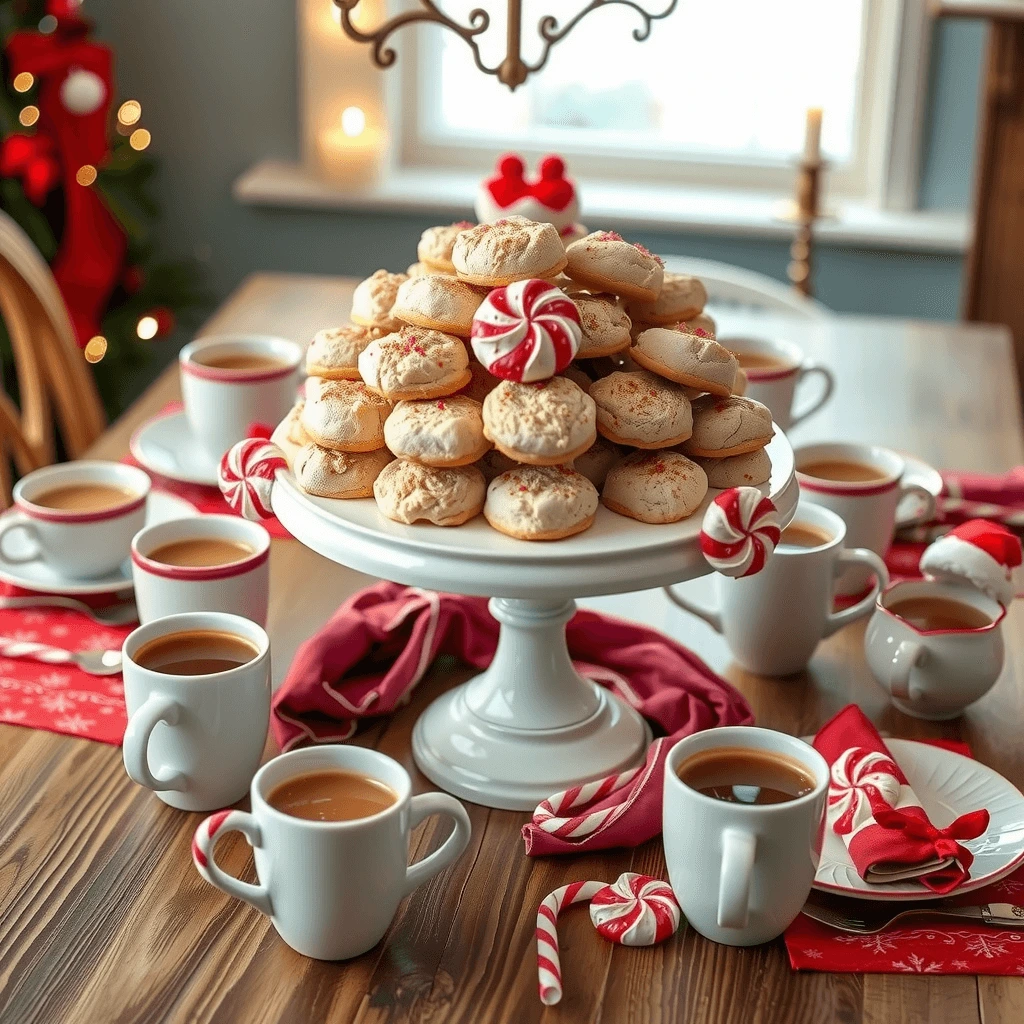 A festive dessert table featuring peppermint cloud cookies on a cake stand, with hot cocoa and holiday decorations.