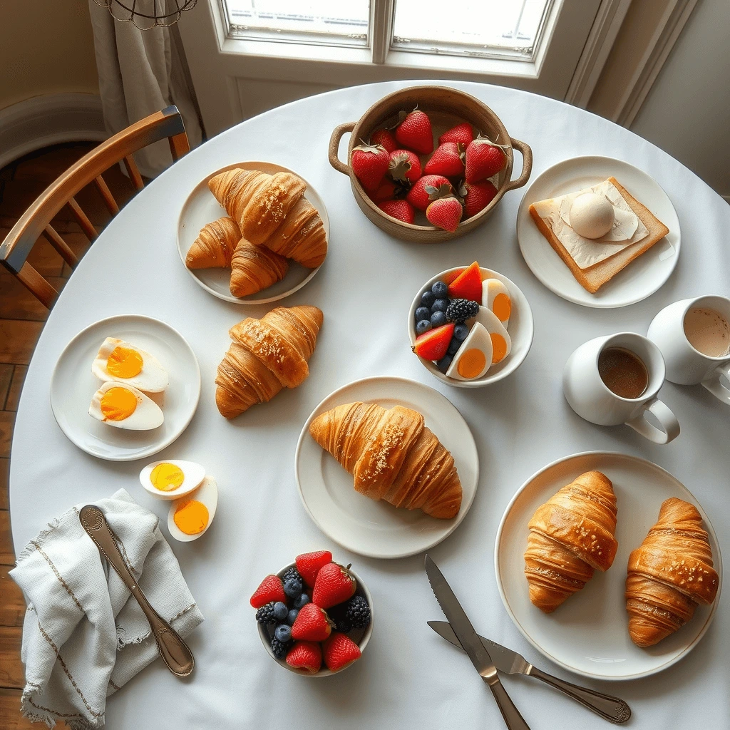 Brunch spread with sweet and savory Gipfeli croissants, eggs, fruit, cheese, and coffee