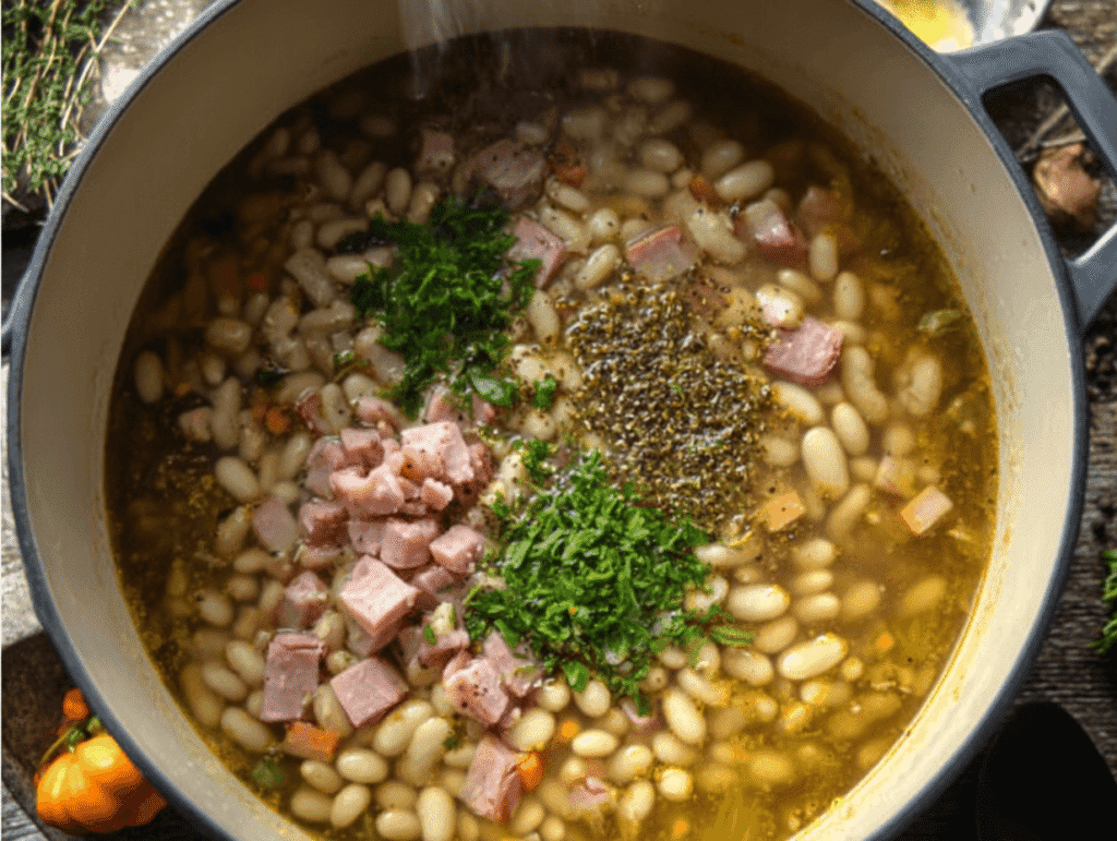Adding white beans, herbs, and seasoning to make ham and bean soup