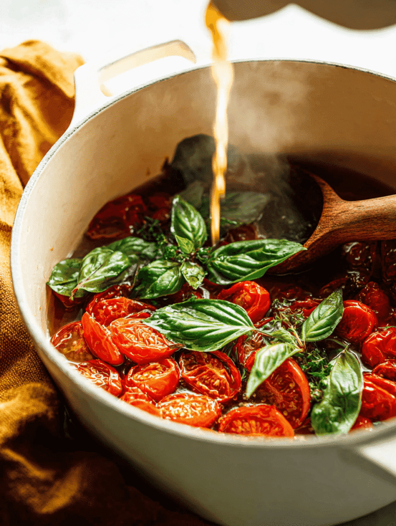 pouring broth into roasted tomatoes with basil for tomato soup recipe with fresh tomatoes