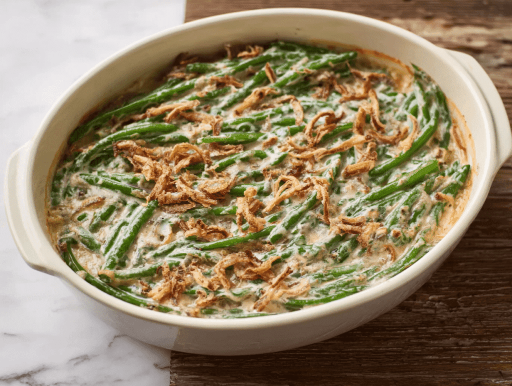 Baked Campbell Soup Green Bean Casserole golden and bubbly
