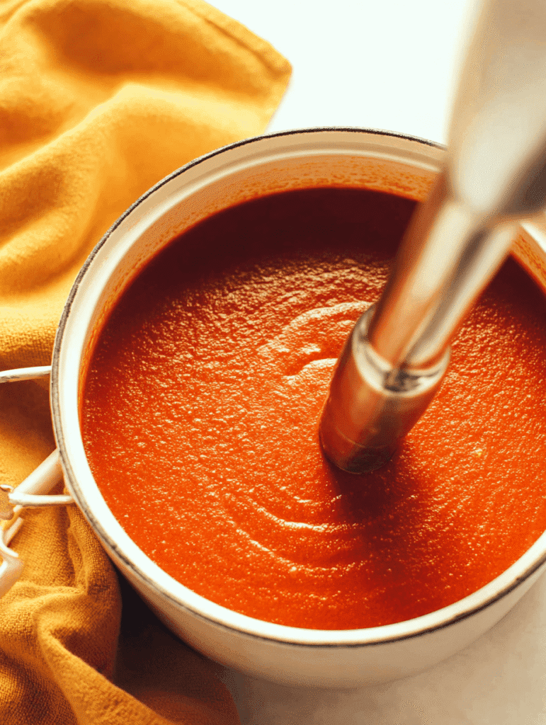 blending tomato soup recipe with fresh tomatoes in white pot using immersion blender
