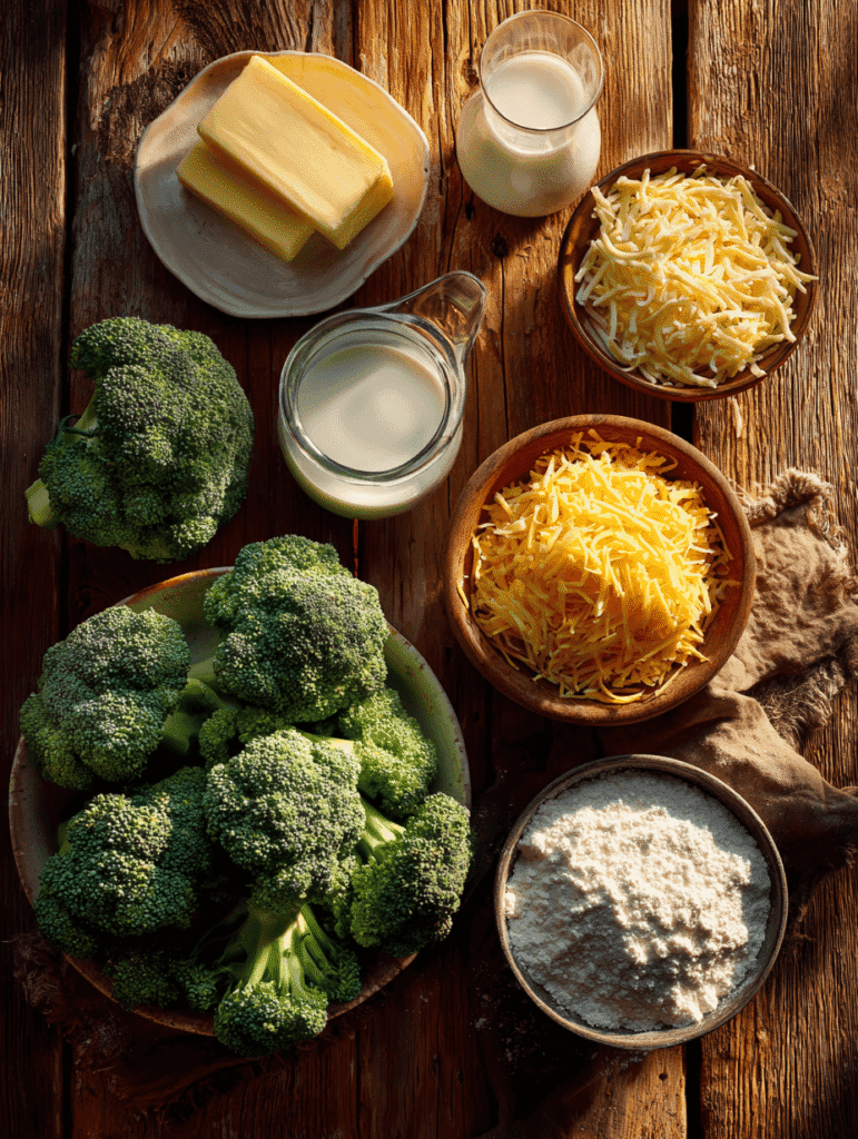Ingredients for broccoli casserole recipe -soup on wooden table