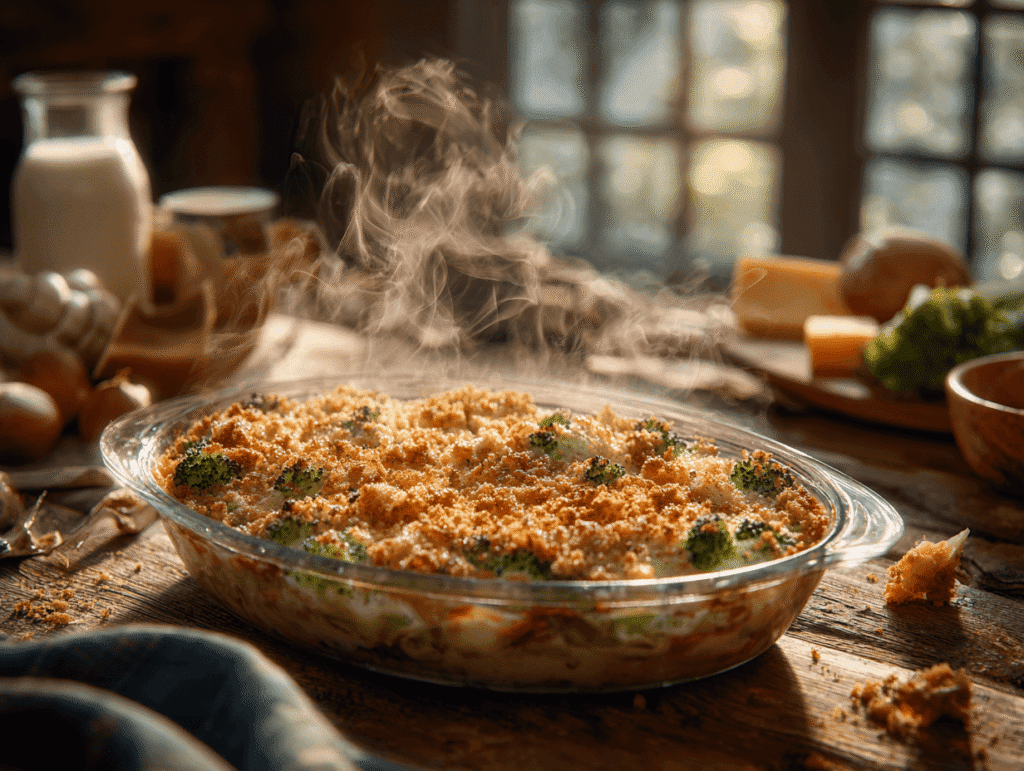 Broccoli casserole recipe -soup freshly baked with golden cheese topping