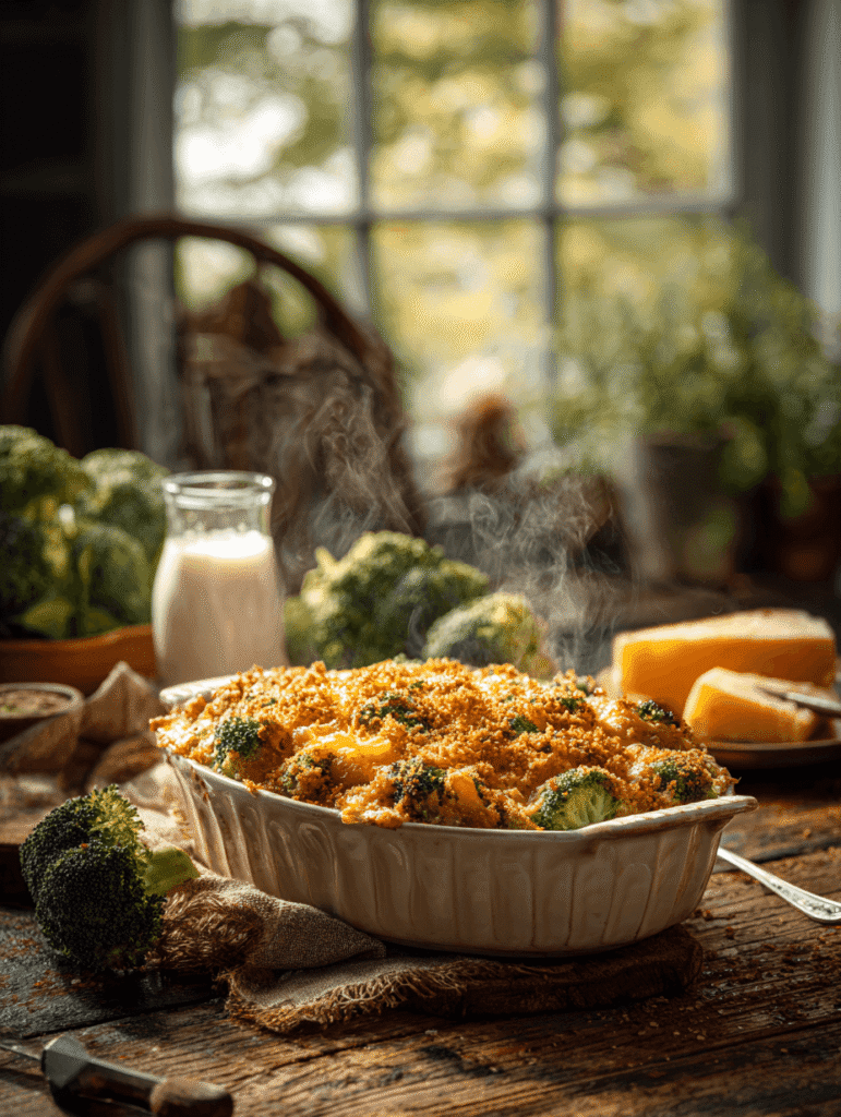 Broccoli casserole recipe -soup freshly baked with golden cheese topping