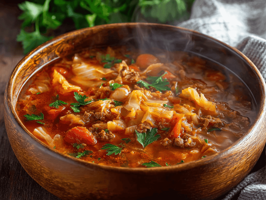 cabbage roll soup recipe in rustic bowl