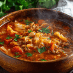 cabbage roll soup recipe in rustic bowl