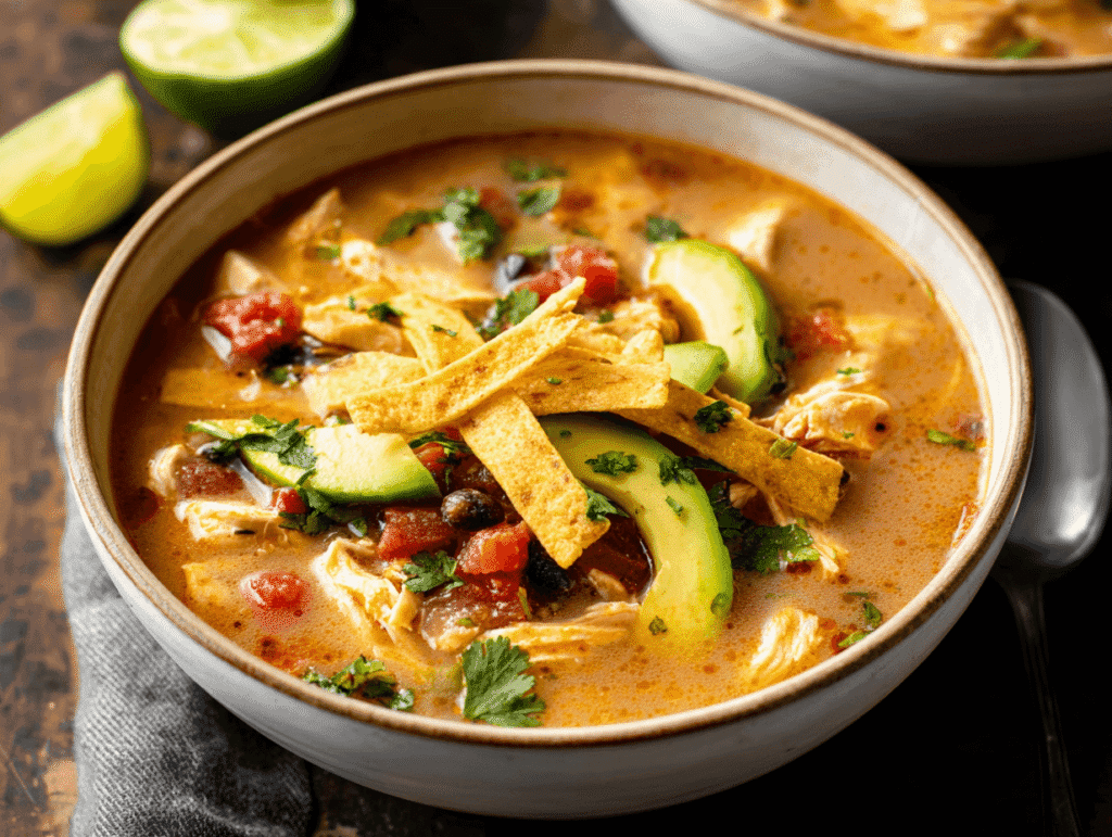 Chicken taco soup recipe bowl with toppings