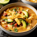 Chicken taco soup recipe bowl with toppings