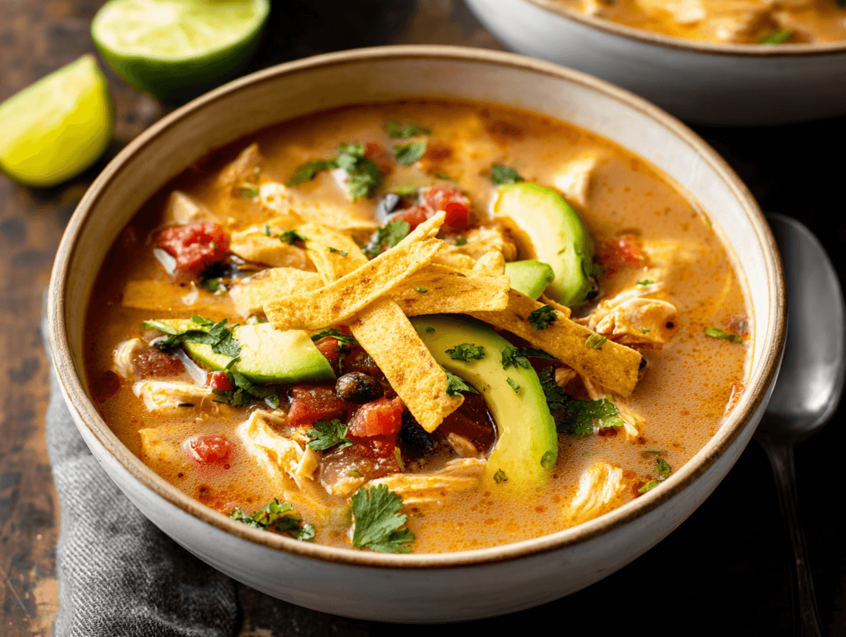 Chicken taco soup recipe bowl with toppings