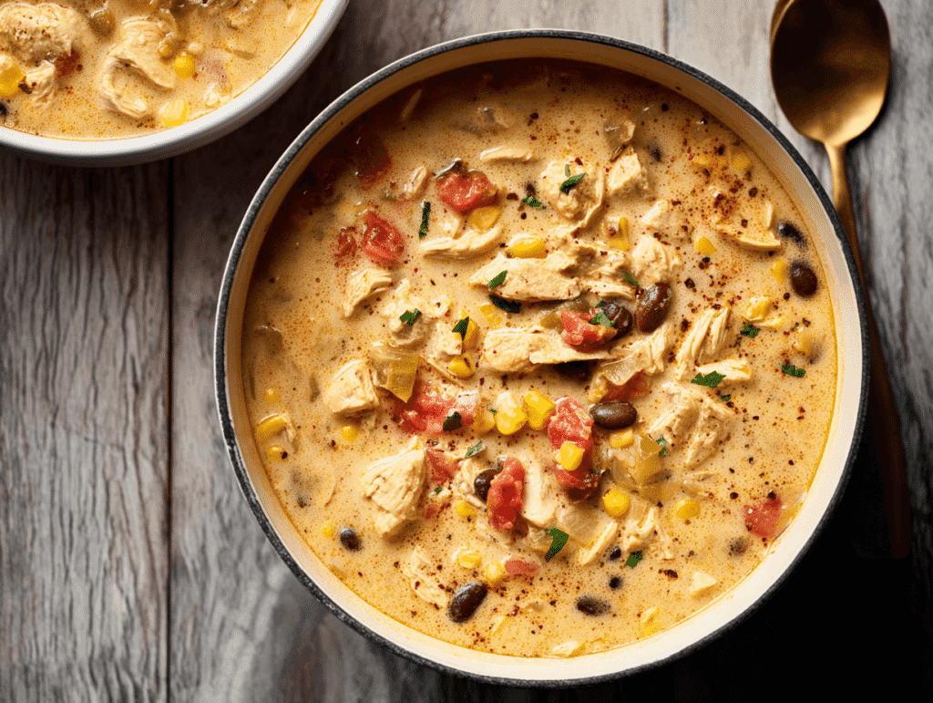 Served chicken taco soup bowl with toppings